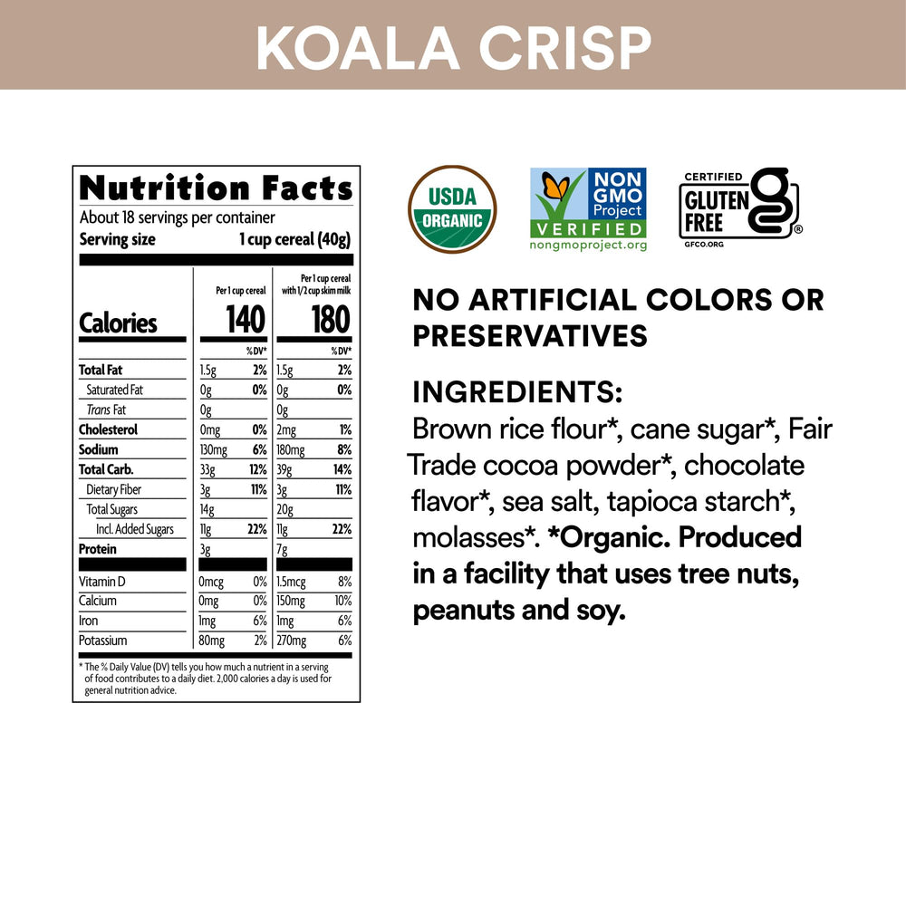 EnviroKidz Koala Crisp in milk highlights crunchy texture for kids' breakfast