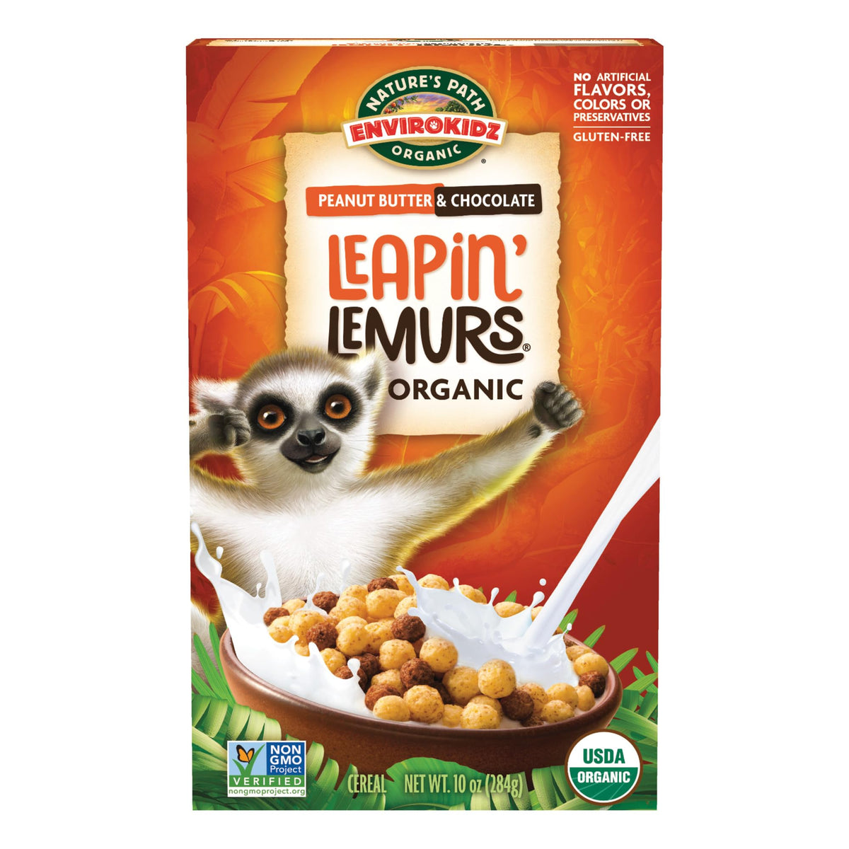 EnviroKidz Leapin' Lemurs cereal box, organic kid-friendly breakfast option