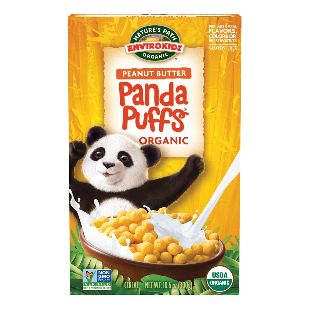 EnviroKidz Panda Puffs cereal box highlights organic ingredients for a wholesome breakfast.