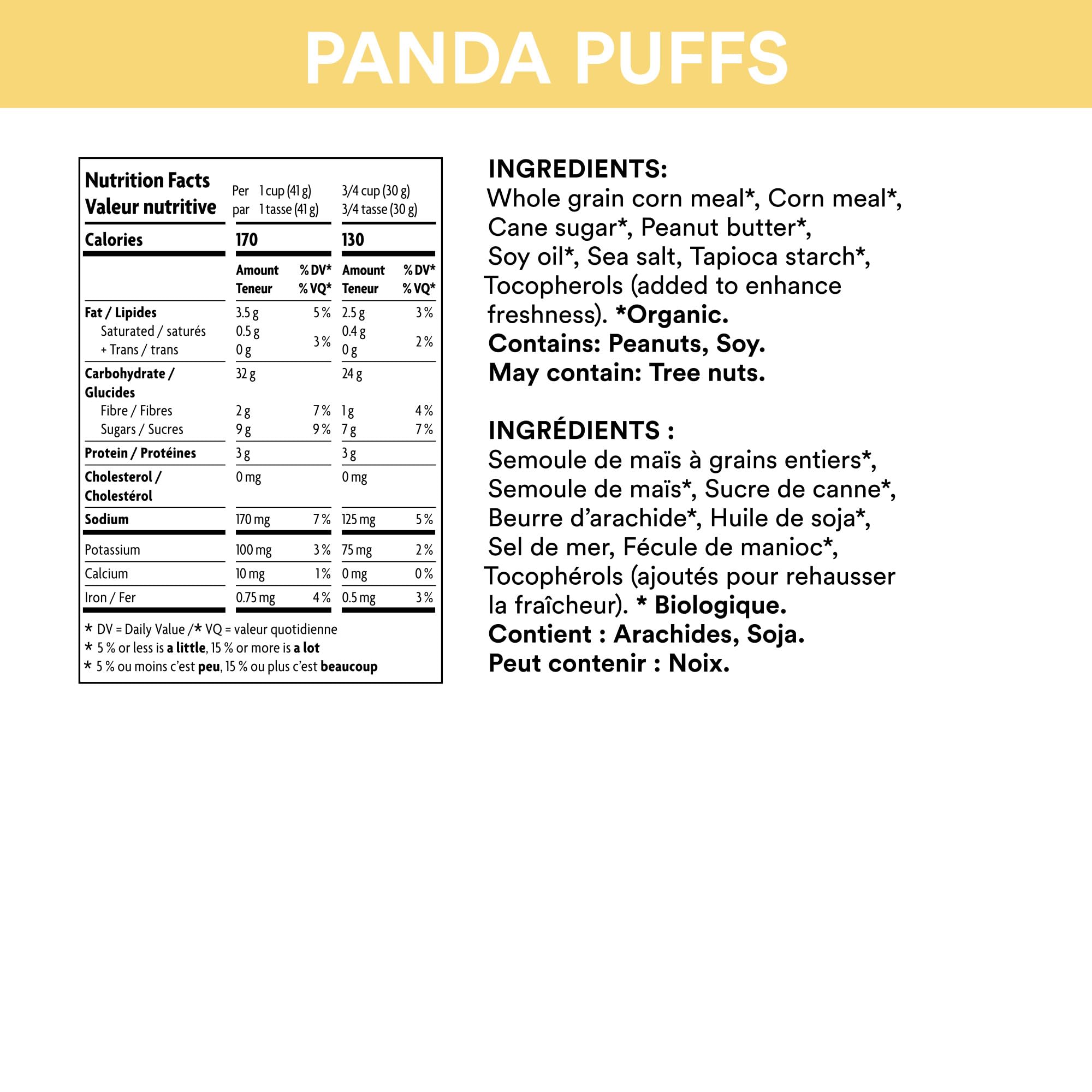 EnviroKidz Peanut Butter Panda Puffs close-up, peanut butter flavor and crispy texture.