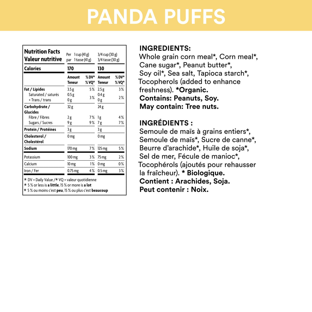 EnviroKidz Peanut Butter Panda Puffs close-up, peanut butter flavor and crispy texture.