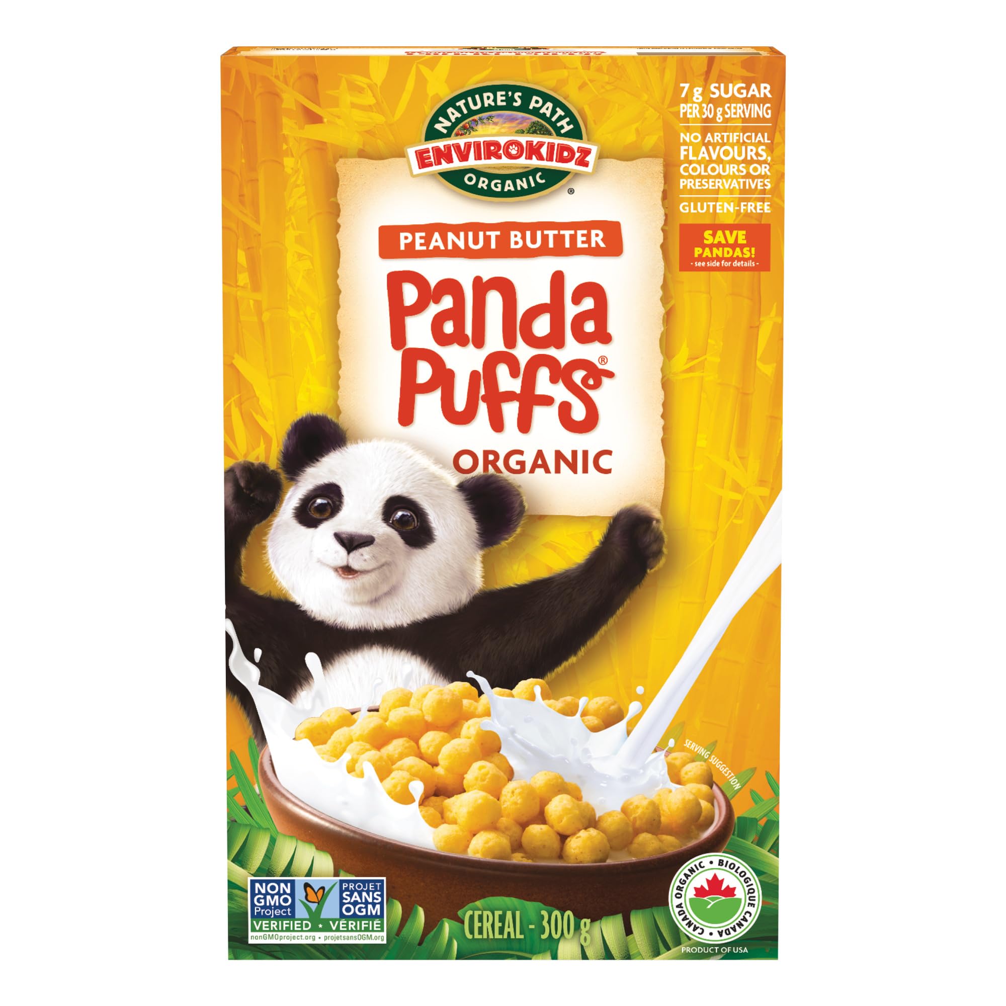 EnviroKidz Peanut Butter Panda Puffs box and bowl, kid-friendly breakfast with crispy peanut flavor.