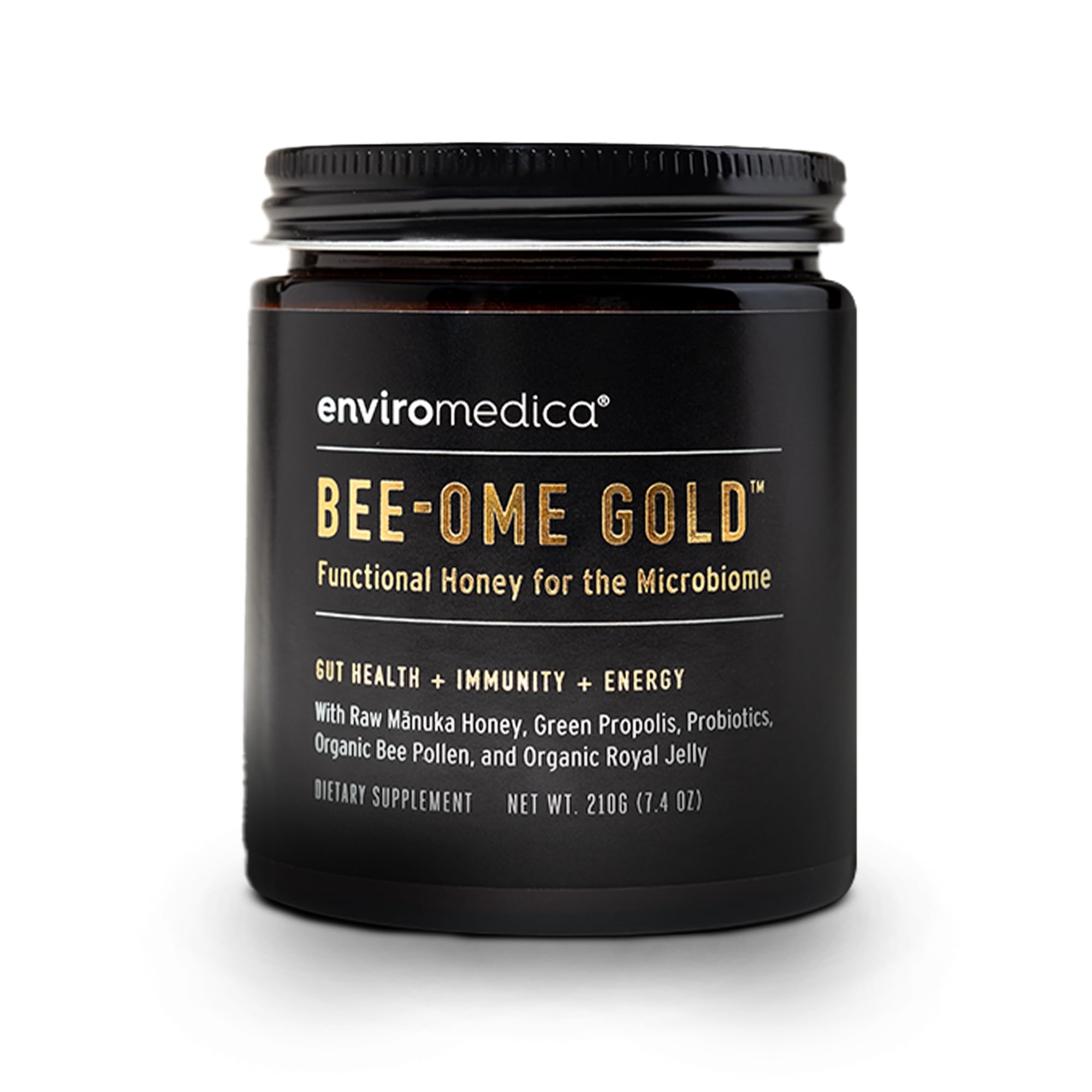 Enviromedica Bee-Ome Gold bottle close-up highlighting raw Manuka honey richness for daily support