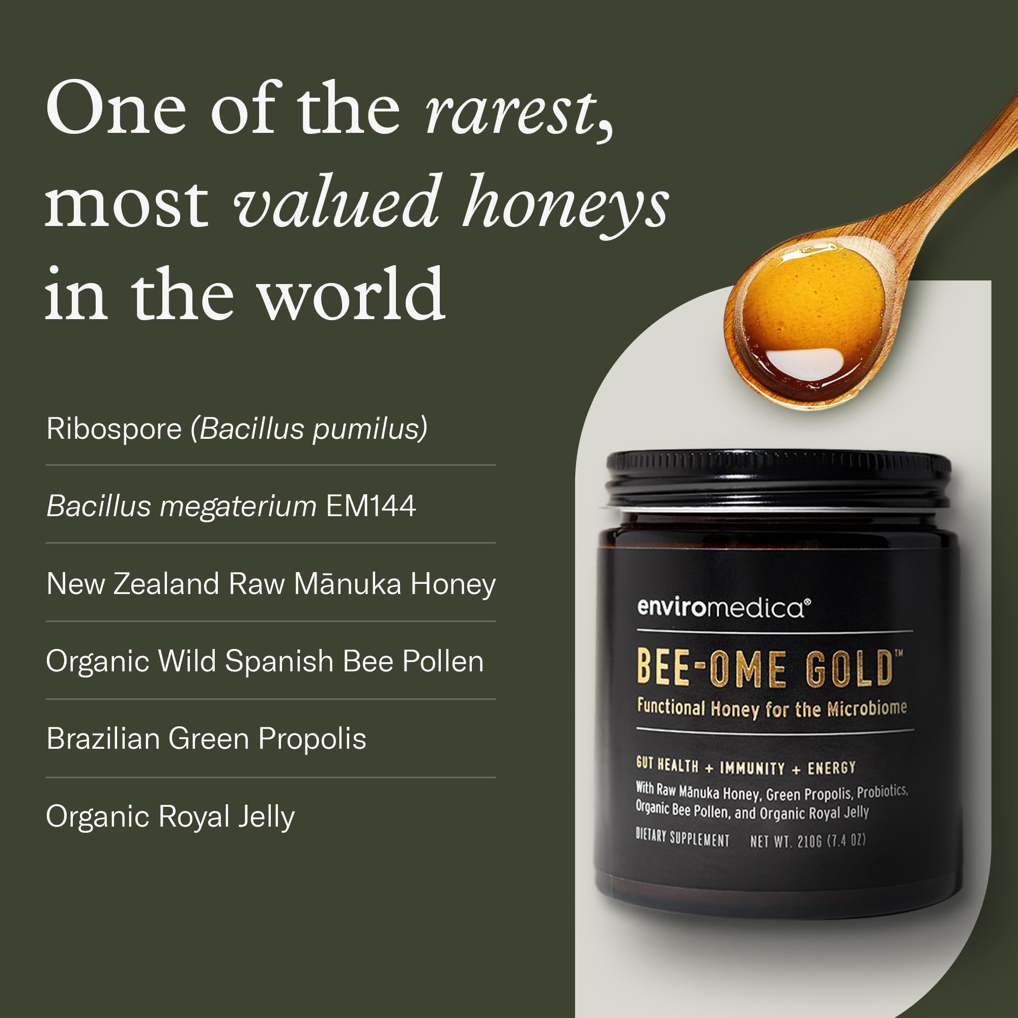 Bee-Ome Gold jar-and-spoon scene emphasizes royal jelly and bee pollen richness