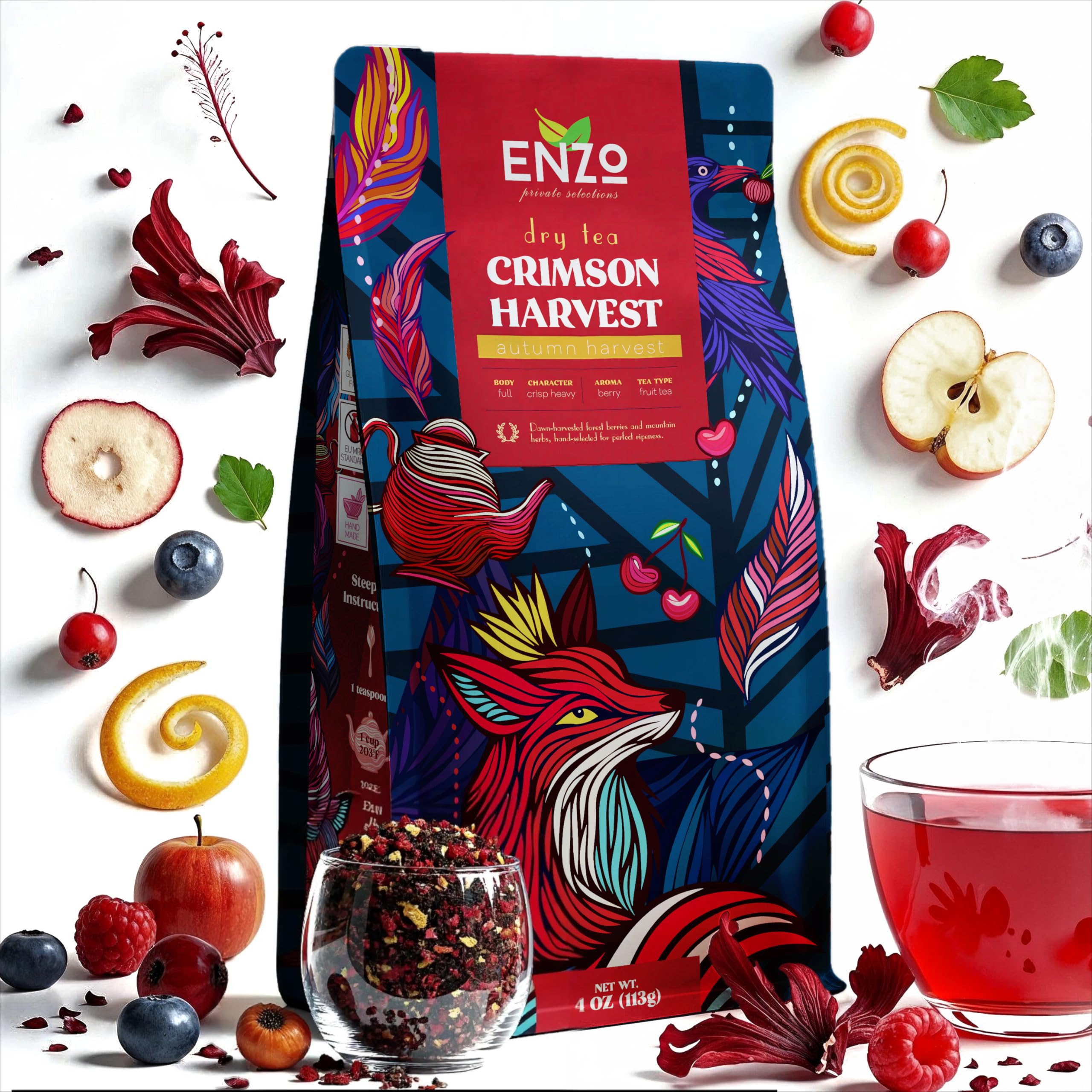 Enzo's Crimson Harvest tea tin closeup, ideal for a calming afternoon ritual.