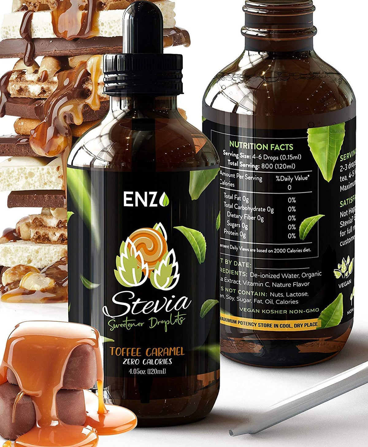 Enzo's Liquid Stevia Drops 4oz bottle with toffee caramel flavor for zero-calorie sweetness.