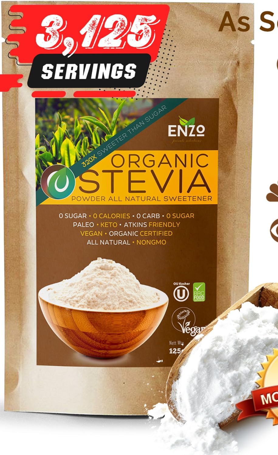 Enzo's Organic Stevia Powder jar showcases premium all-natural sweetness with zero calories.