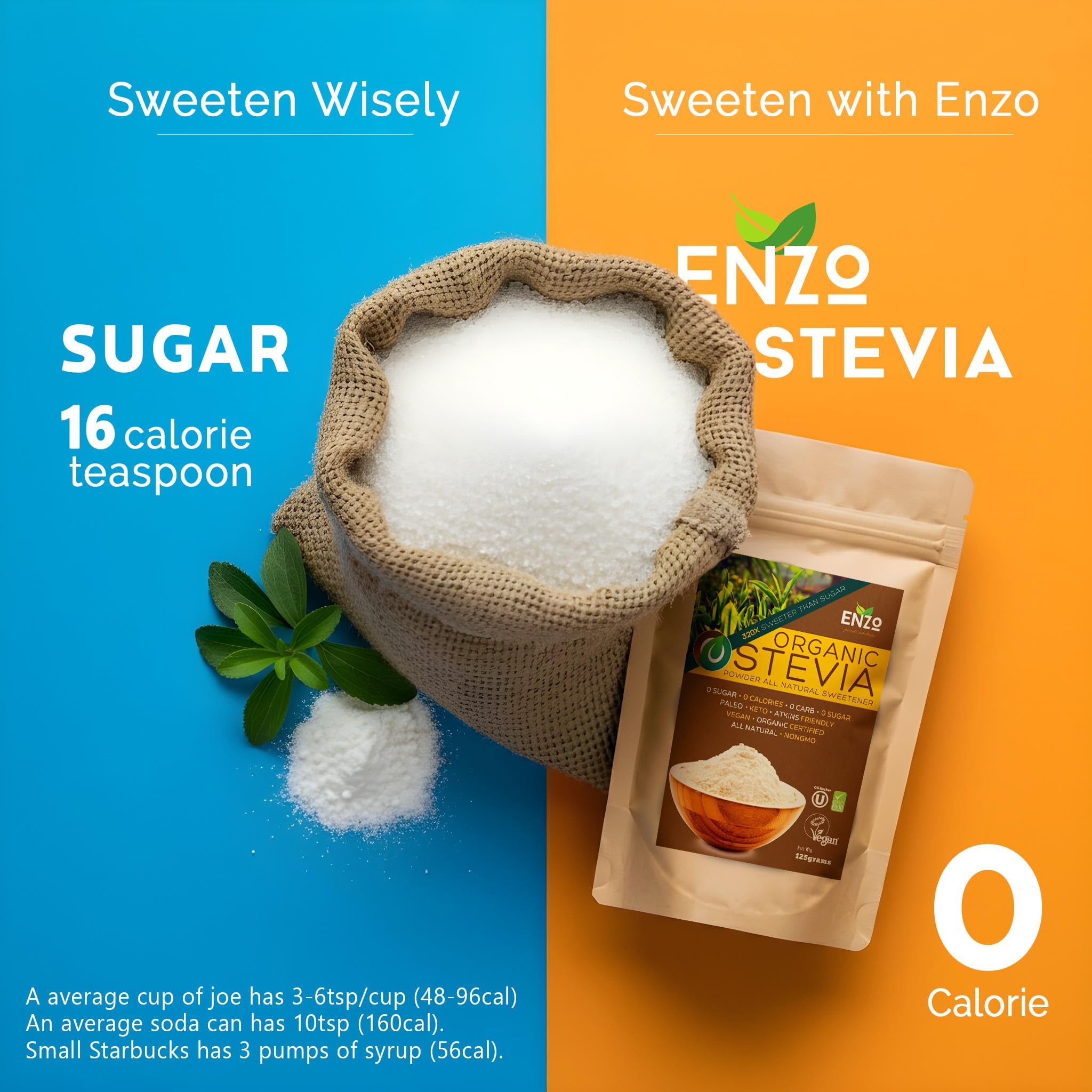 Enzo's Organic Stevia Powder label highlights USDA certification and clean ingredients.