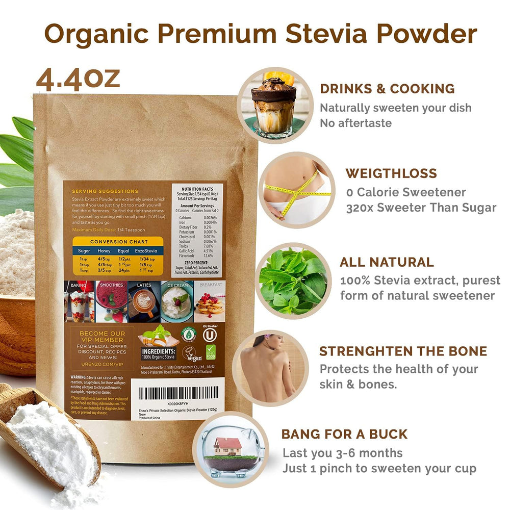 Enzo's Organic Stevia Powder pouring captures quick, mess-free sweetening in drinks.