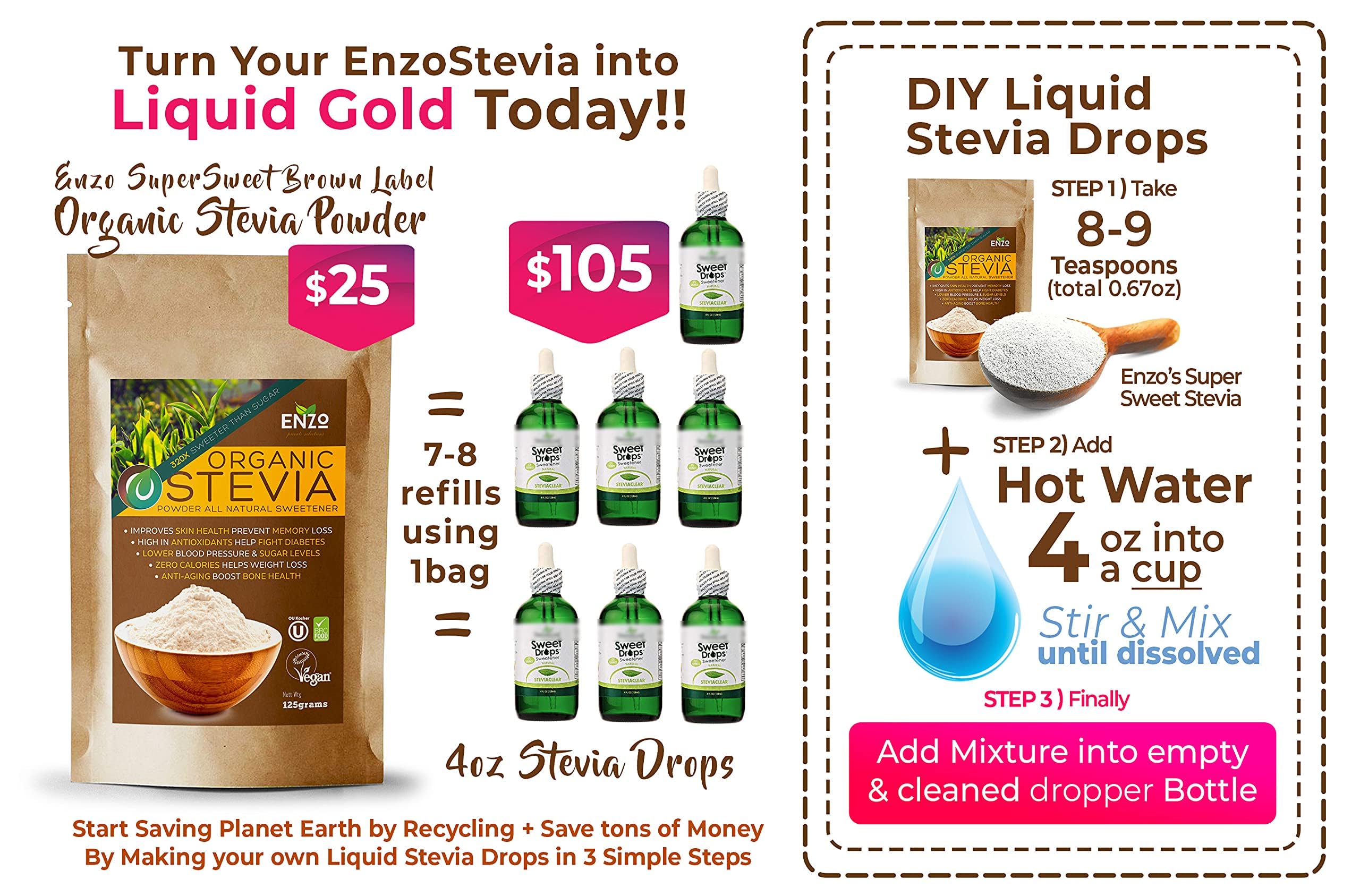 Enzo's Organic Stevia Powder tea cup shows calorie-free flavor enhancement.