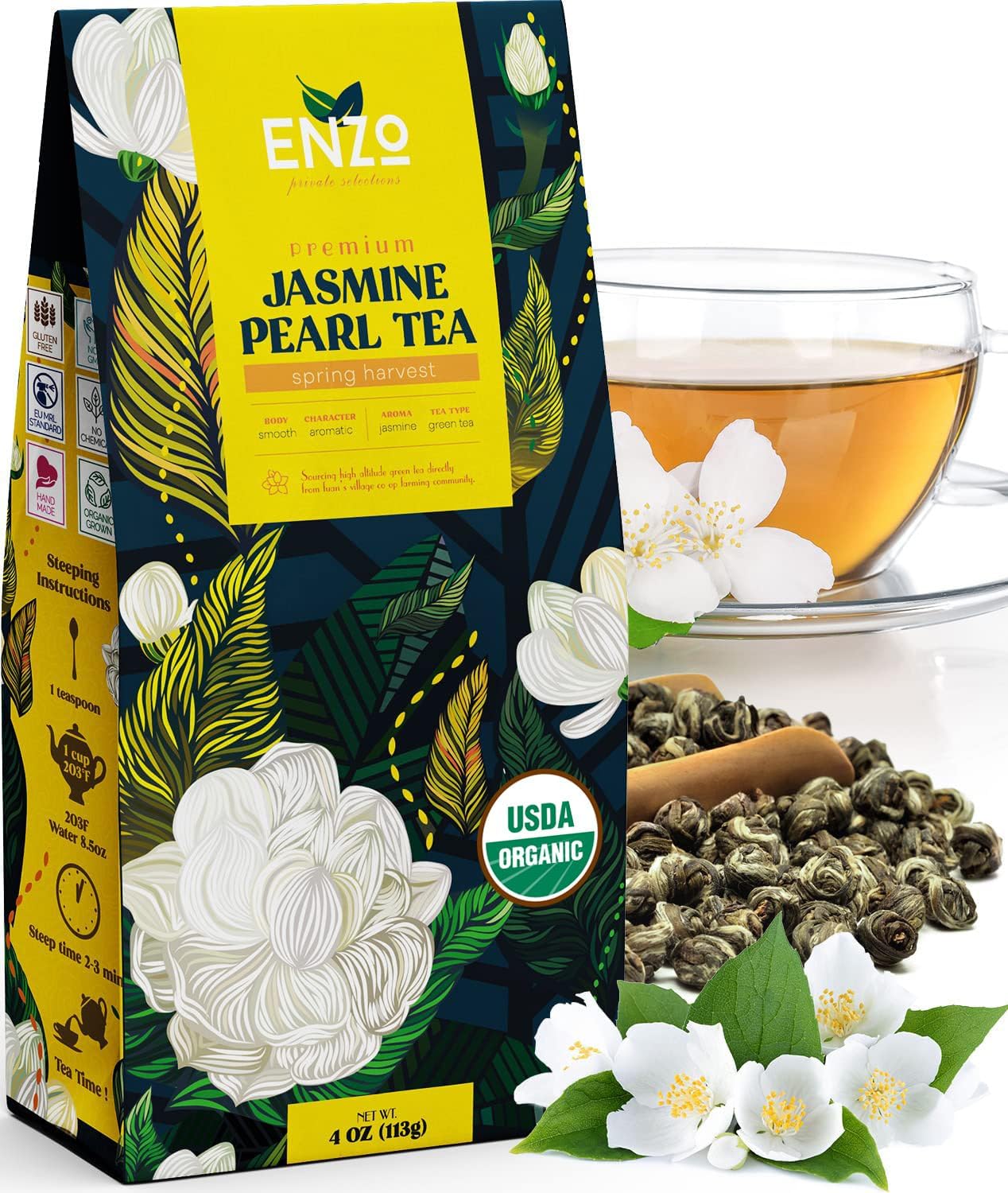 Enzo's Private Selection Organic Jasmine Green Tea Pearls close-up showcases fragrant jasmine for a calming moment