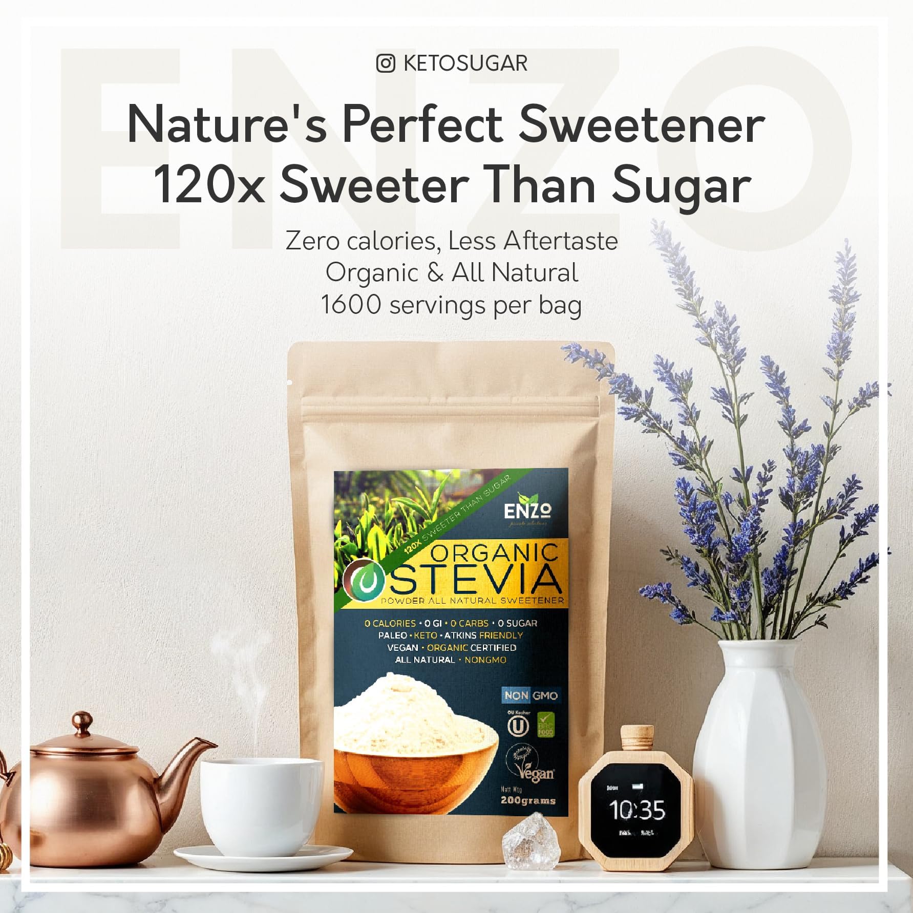 Enzo's stevia powder dosing scoop; easy measurement for controlled sweetness.