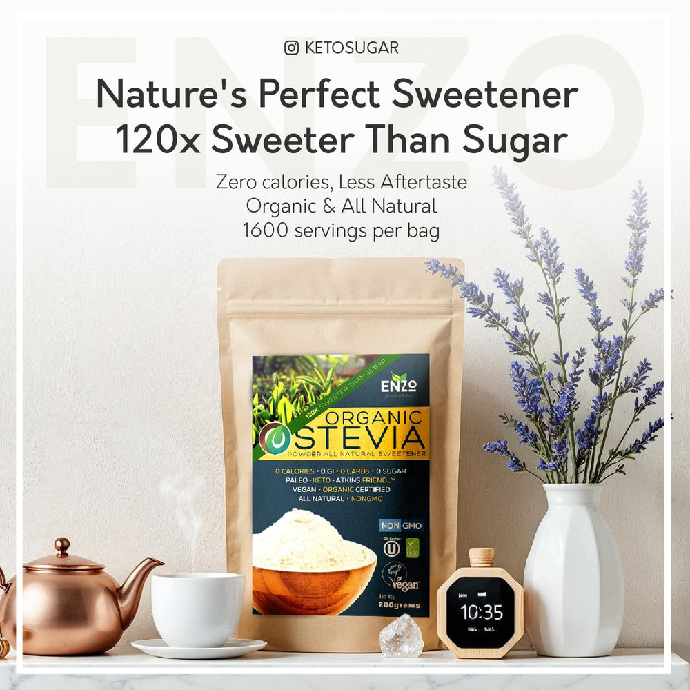 Enzo's stevia powder dosing scoop; easy measurement for controlled sweetness.
