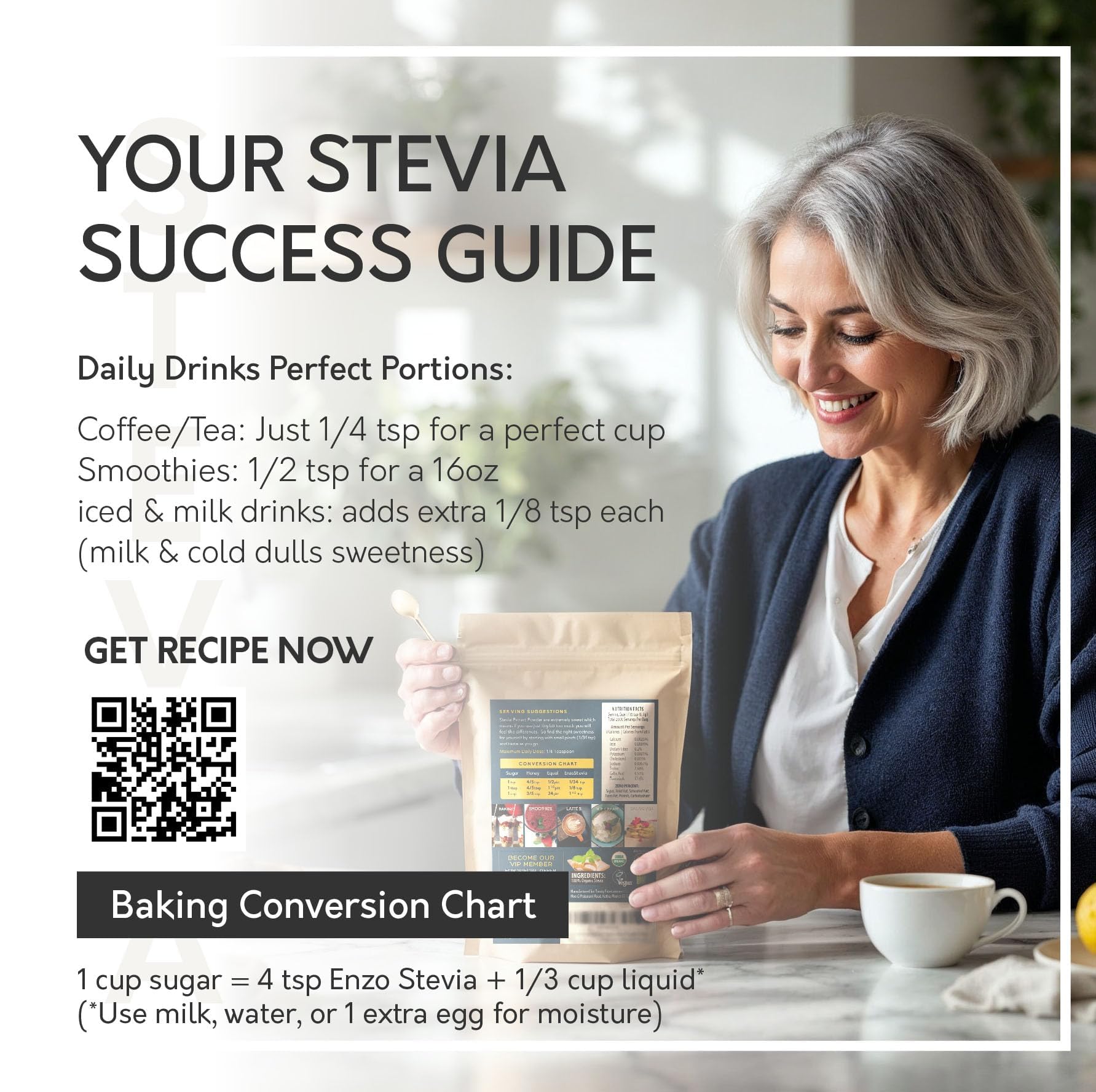 Enzo's stevia powder in a kitchen setup; long-lasting sweetness for daily use.