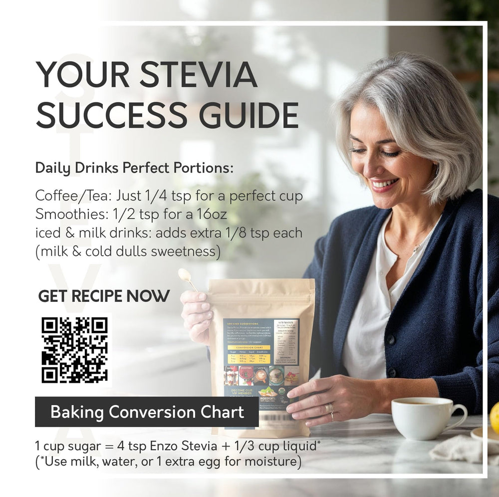 Enzo's stevia powder in a kitchen setup; long-lasting sweetness for daily use.