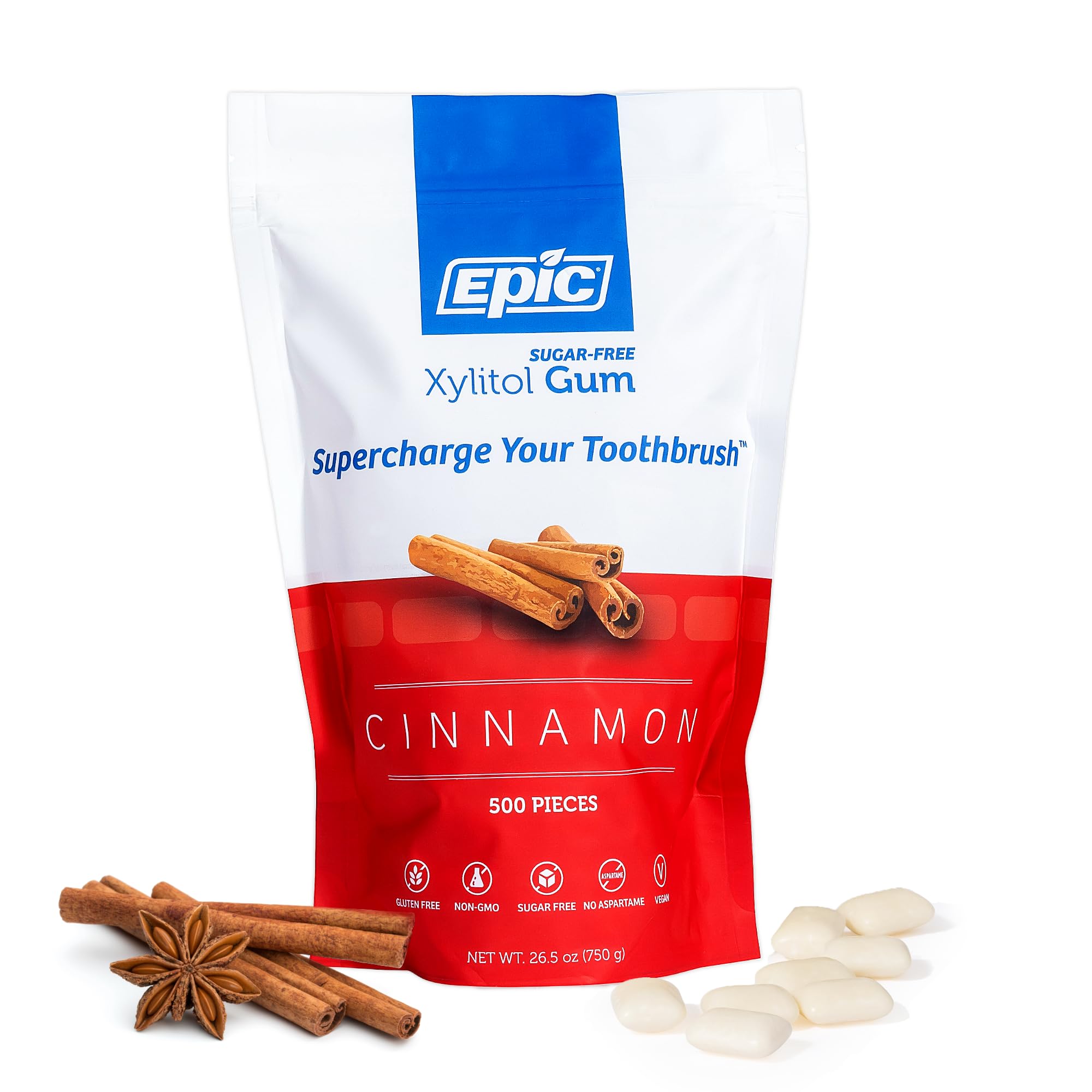 Epic 100% xylitol cinnamon gum pack showing long-lasting flavor and fresh breath