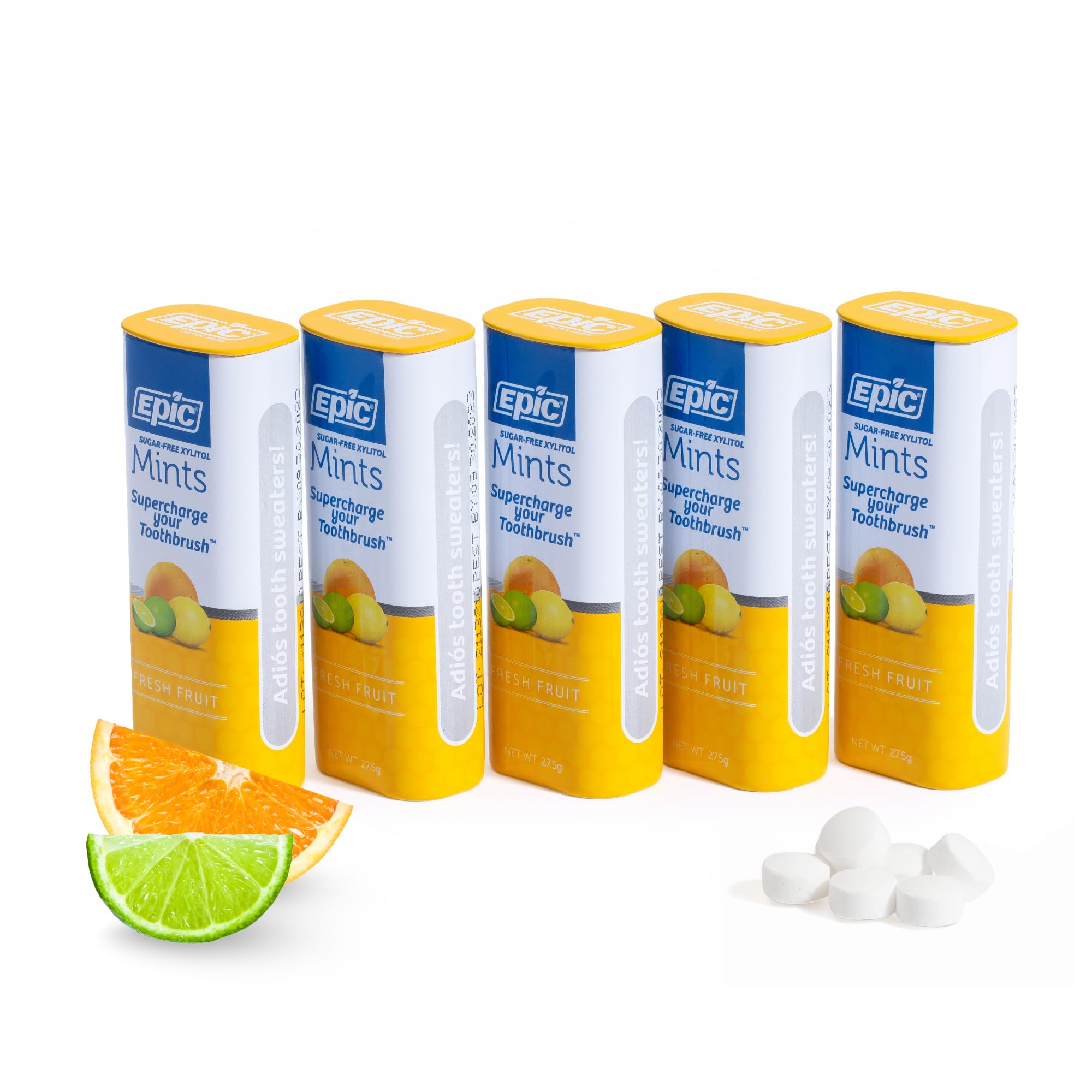 Epic 100% xylitol mints front packaging promotes long-lasting breath freshness