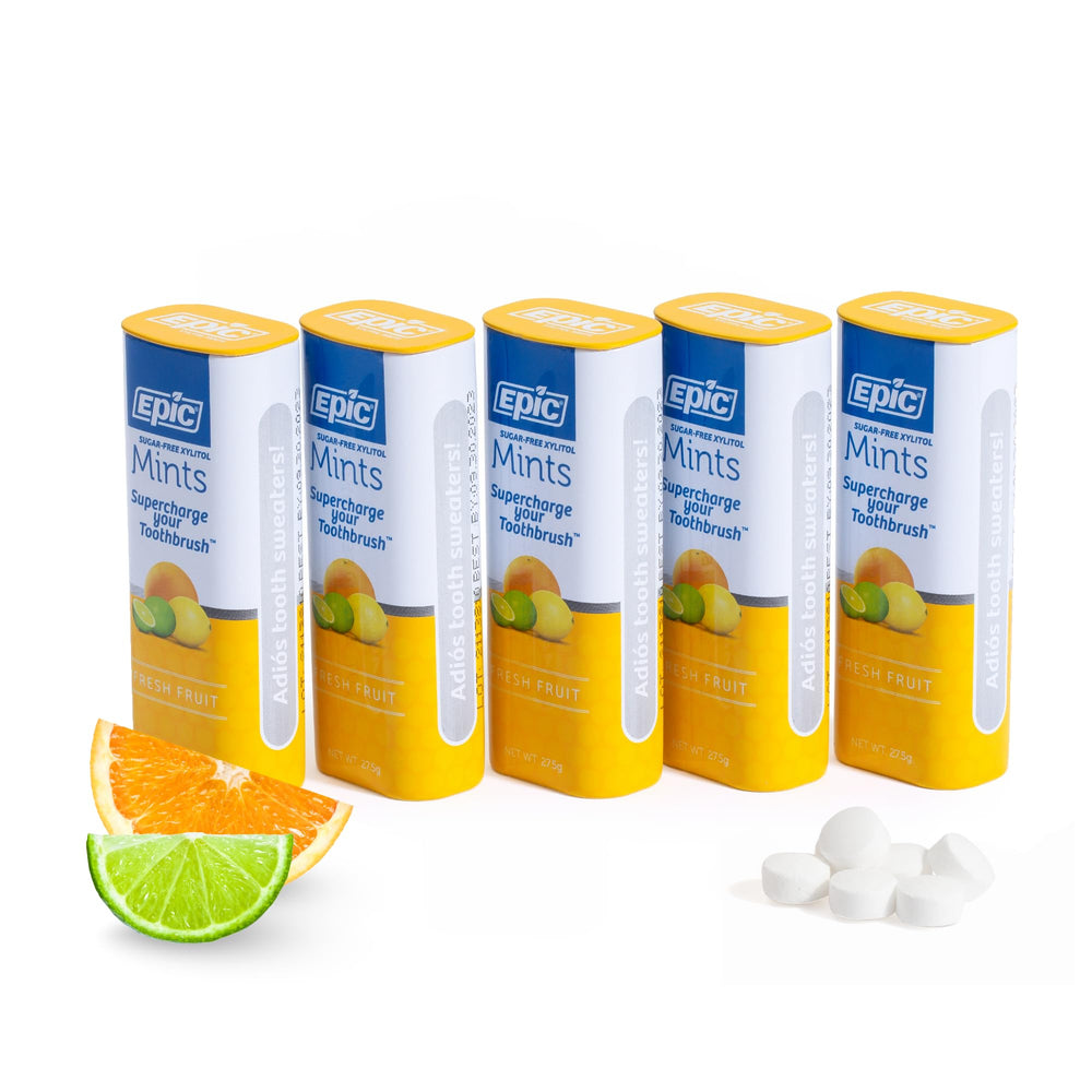 Epic 100% xylitol mints front packaging promotes long-lasting breath freshness