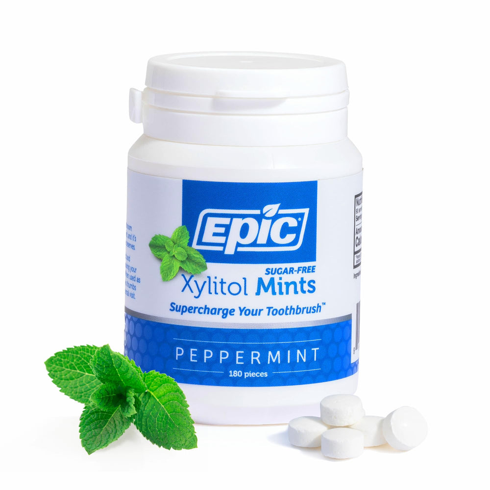 Epic 100 percent Xylitol Mints packaging close up highlighting sugar free breath refreshment