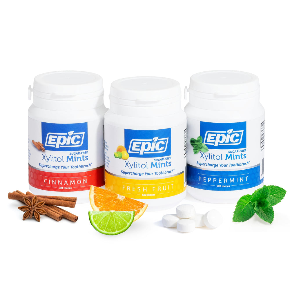 Epic 100% Xylitol Mints packaging display showing variety pack for fresh breath on the go.