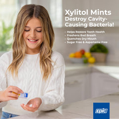 Epic 100% Xylitol Mints peppermint flavor on-the-go tin for crisp, immediate breath refresh.
