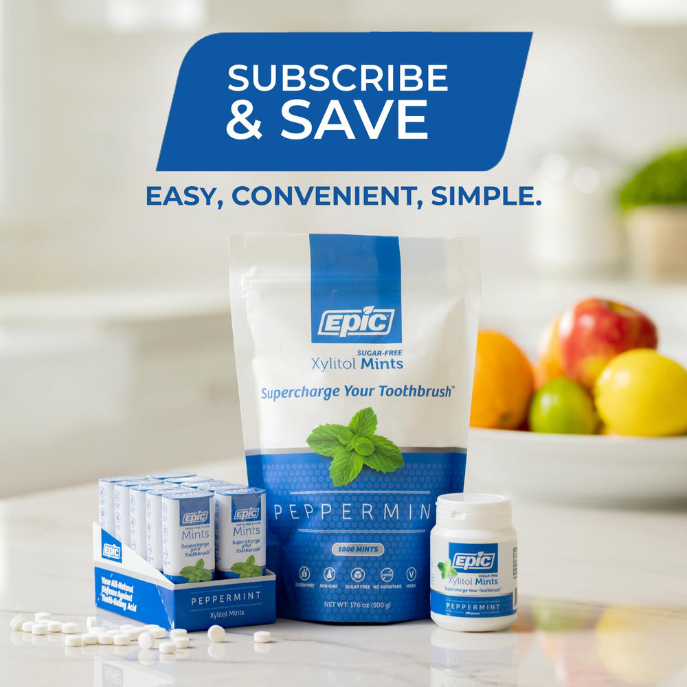 Epic 100% Xylitol Mints vegan non-GMO badge on pack emphasizing clean ingredients.