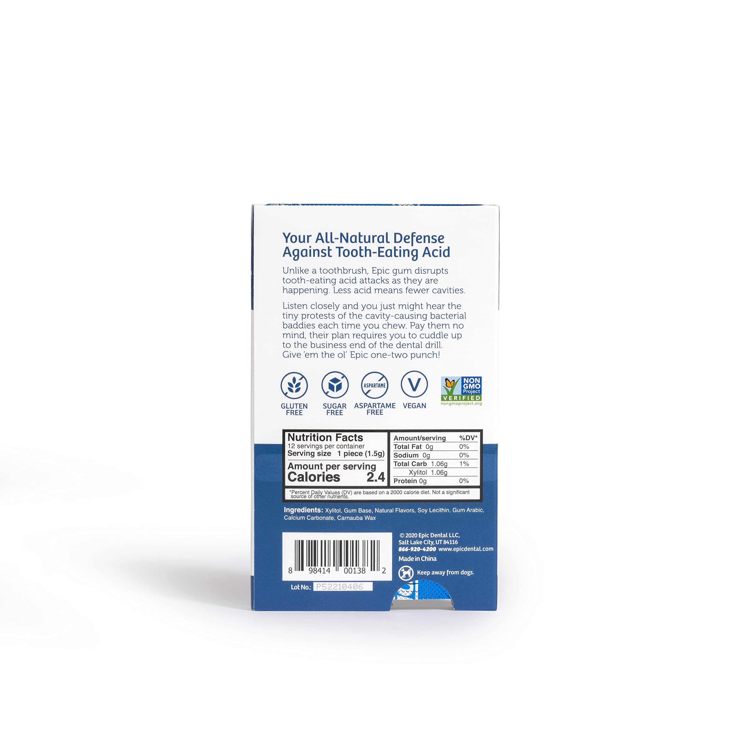 Epic 100% Xylitol Peppermint Chewing Gum packaging graphic – sustainability and care.