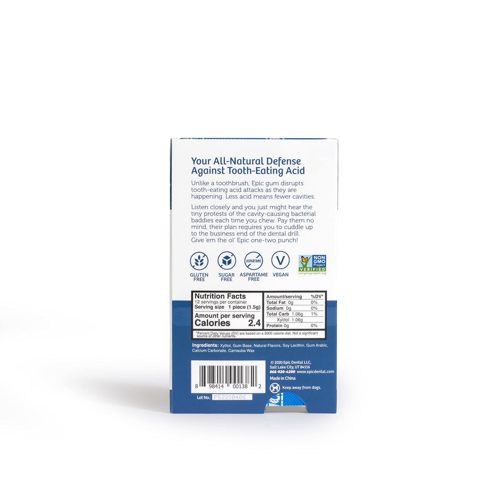 Epic 100% Xylitol Peppermint Chewing Gum packaging graphic – sustainability and care.