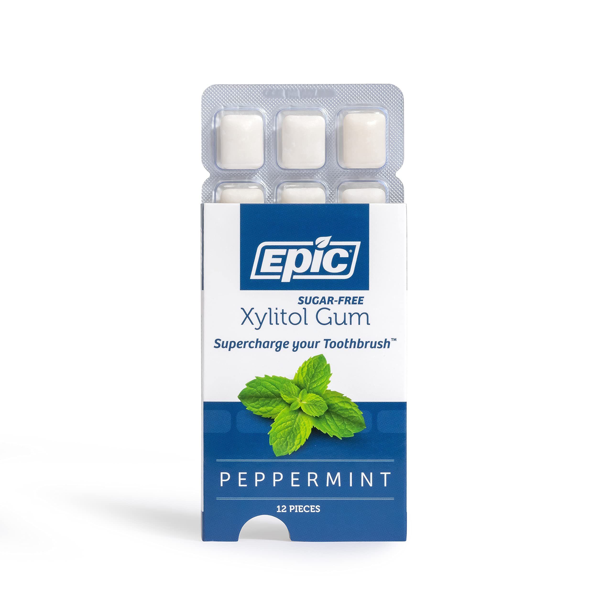Epic 100% Xylitol Peppermint Chewing Gum sugar-free aspartame-free iconography.