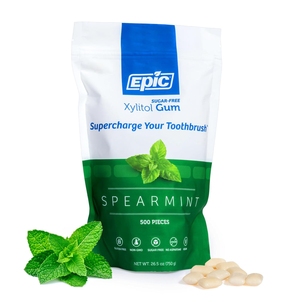 Epic 100% xylitol spearmint gum pack front highlighting mint flavor for daily freshness