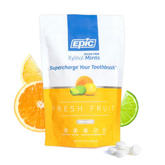 Epic 100% Xylitol Mints packaging closeup highlights bold flavor for long-lasting fresh breath.