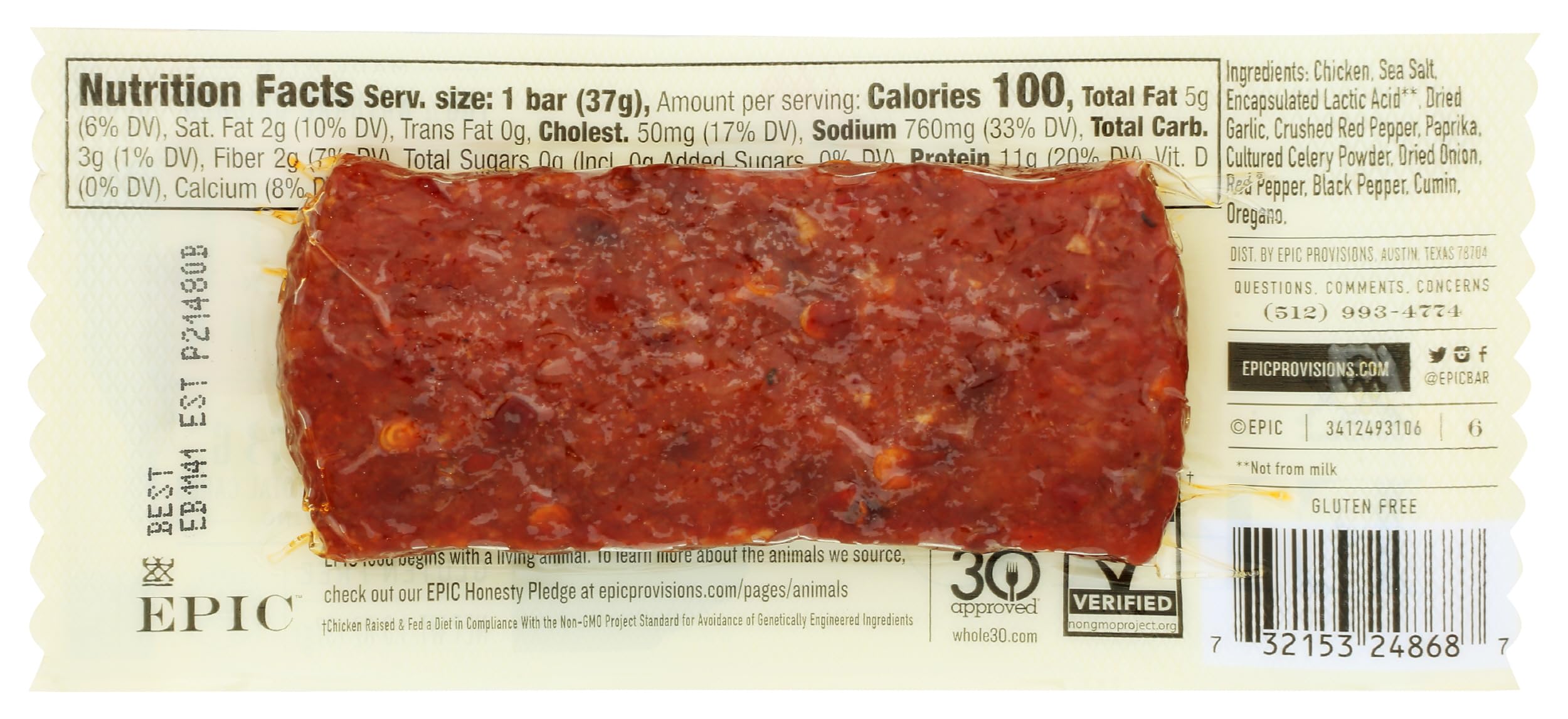 Epic Bar Chicken Sriracha bar texture close-up highlights chewy bite and spice.