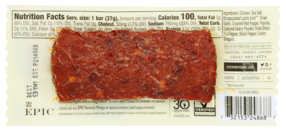 Epic Bar Chicken Sriracha bar texture close-up highlights chewy bite and spice.