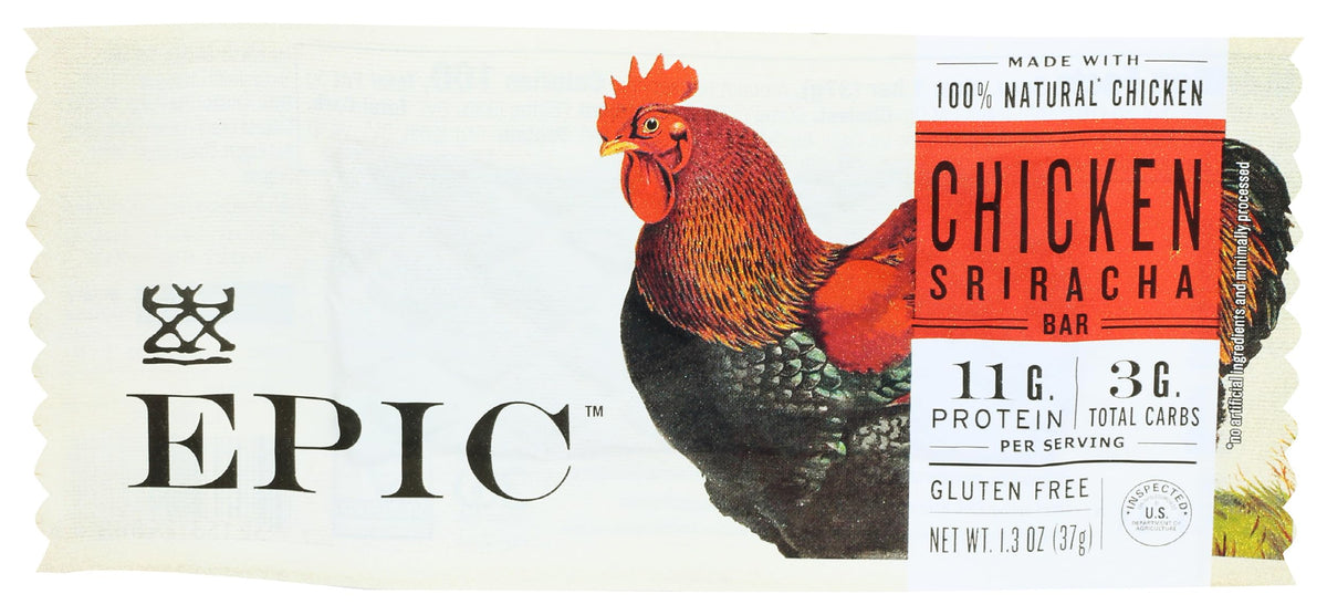 Epic Bar Chicken Sriracha packaging closeup showcases premium ingredients and clean design.