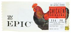 Epic Bar Chicken Sriracha packaging closeup showcases premium ingredients and clean design.