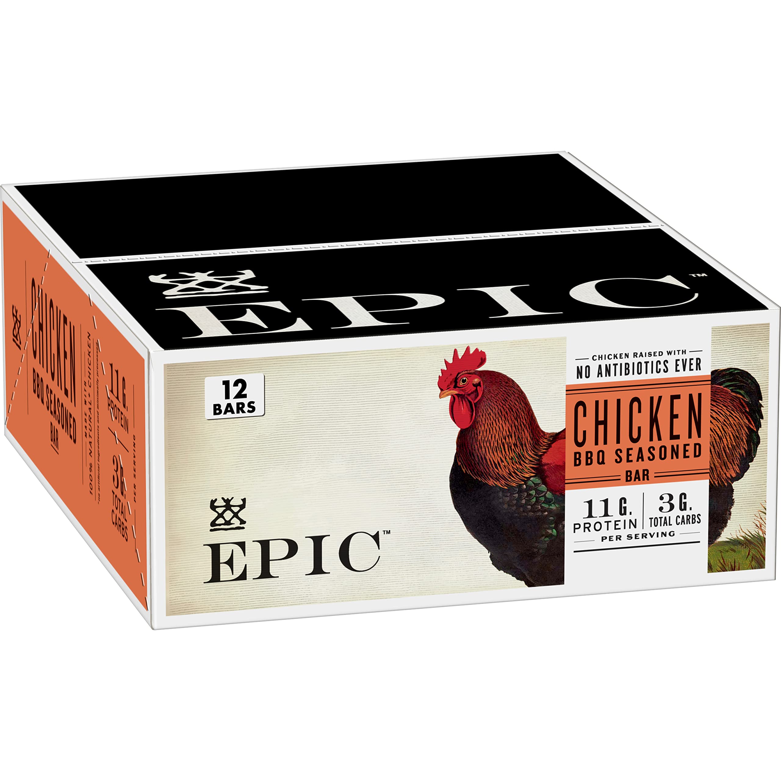 Epic BBQ Chicken Protein Bar packaging shows a 12-count box for quick on the go protein.