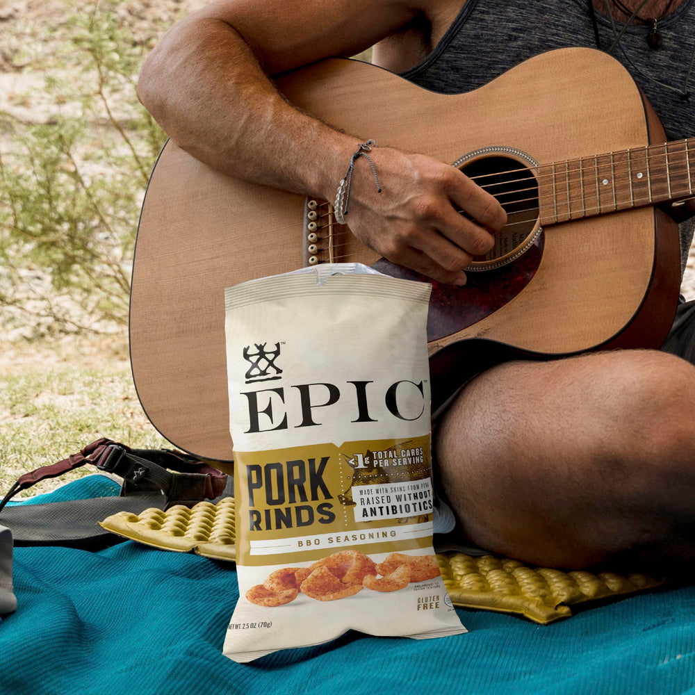 EPIC BBQ Seasoning Pork Rinds poured into a bowl versatile snack.