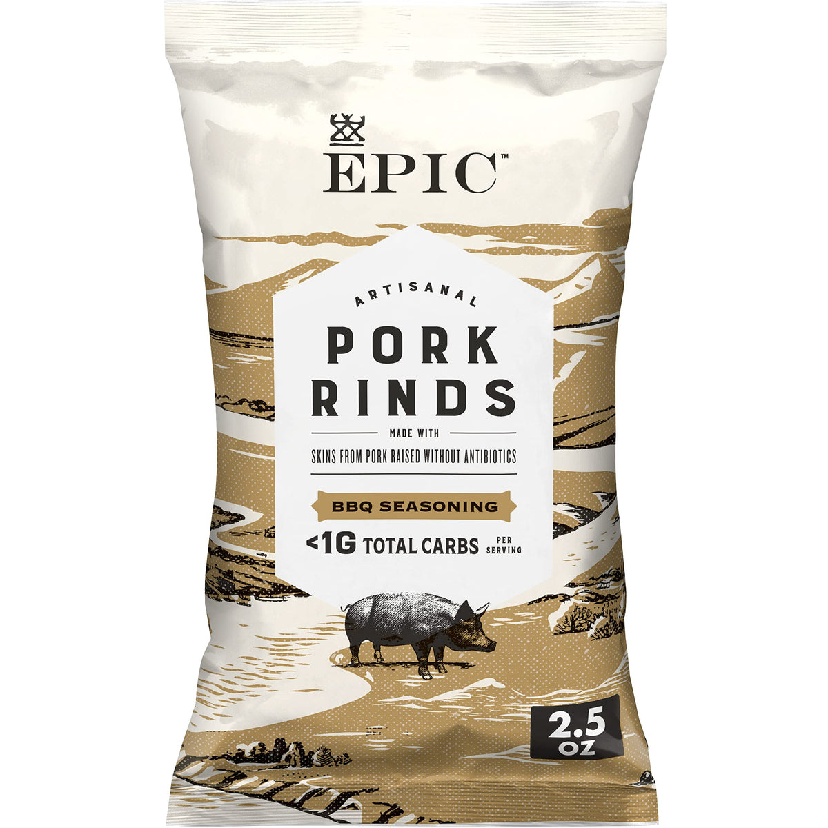 EPIC BBQ Seasoning Pork Rinds crispy bite closeup for on-the-go protein.