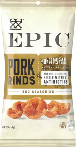 EPIC BBQ Seasoning Pork Rinds on a desk snack gluten-free crunch.