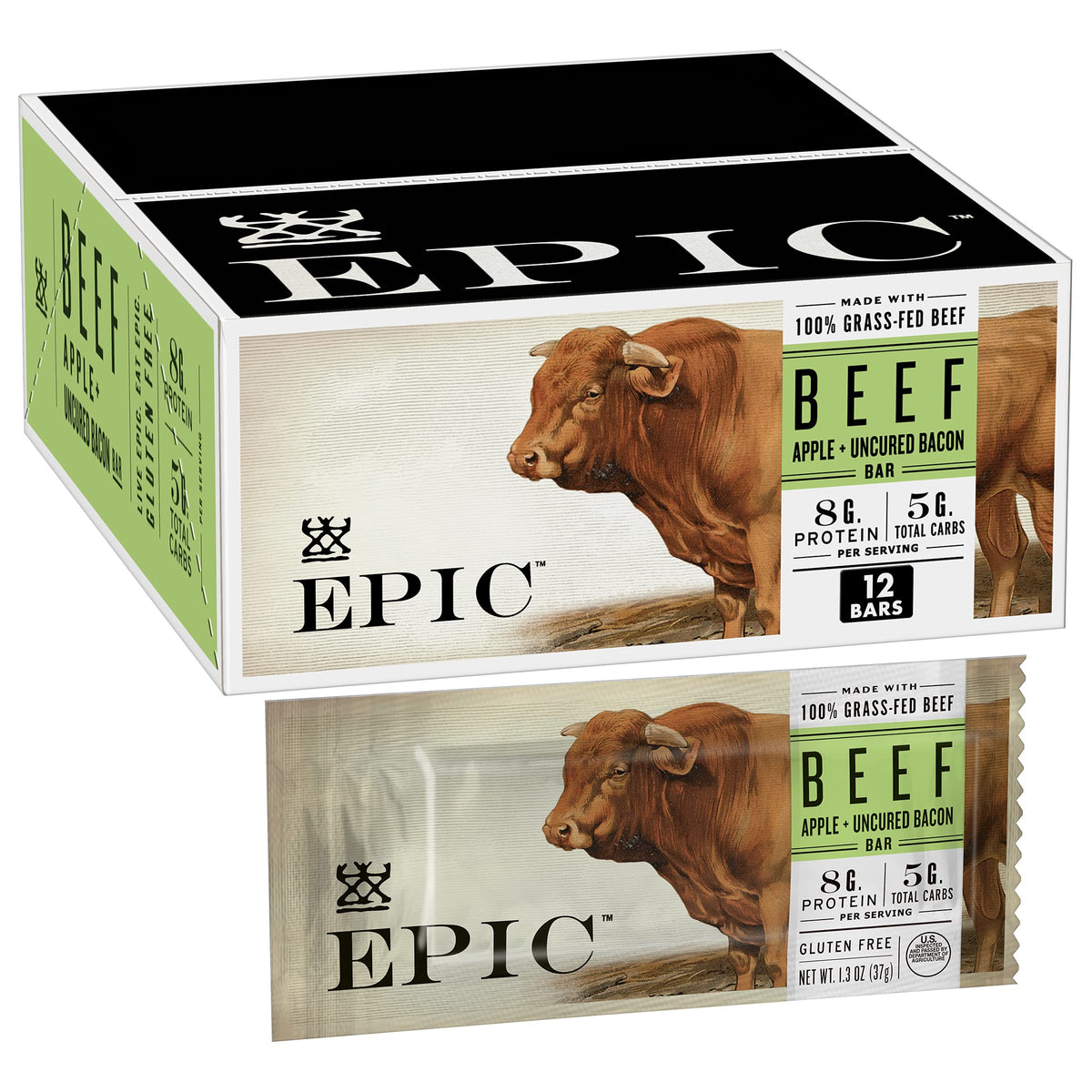 EPIC Beef Uncured Bacon and Apple Bars pack shot for on-the-go protein.