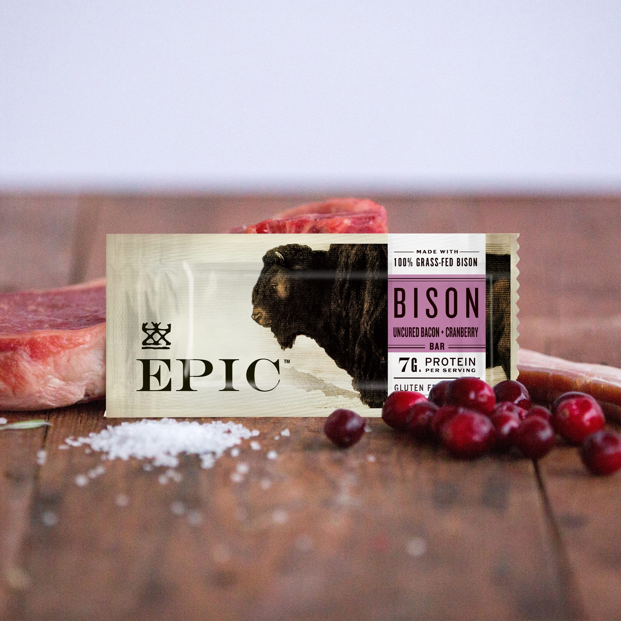 Nutrition label highlights 7g protein per serving on EPIC bar.
