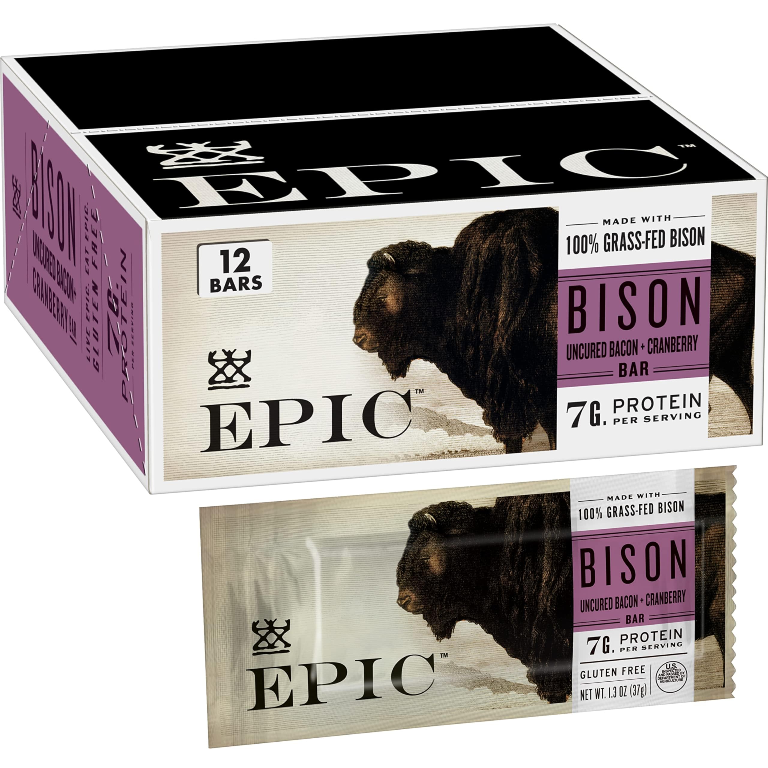 EPIC Bison Uncured Bacon and Cranberry Bars packaging showing a convenient 12-bar box.