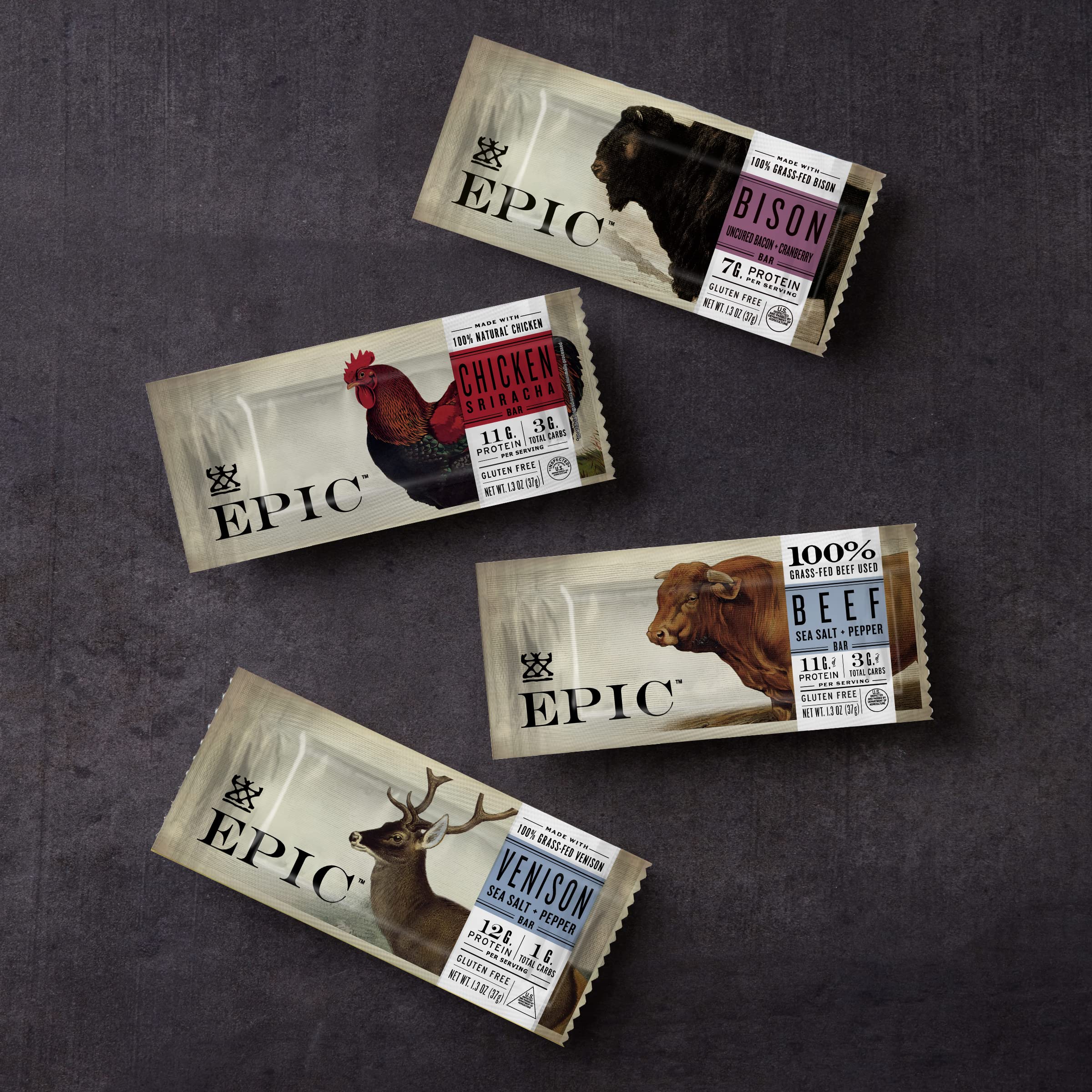 Paleo-friendly labeling appears on EPIC Bison Bar packaging.