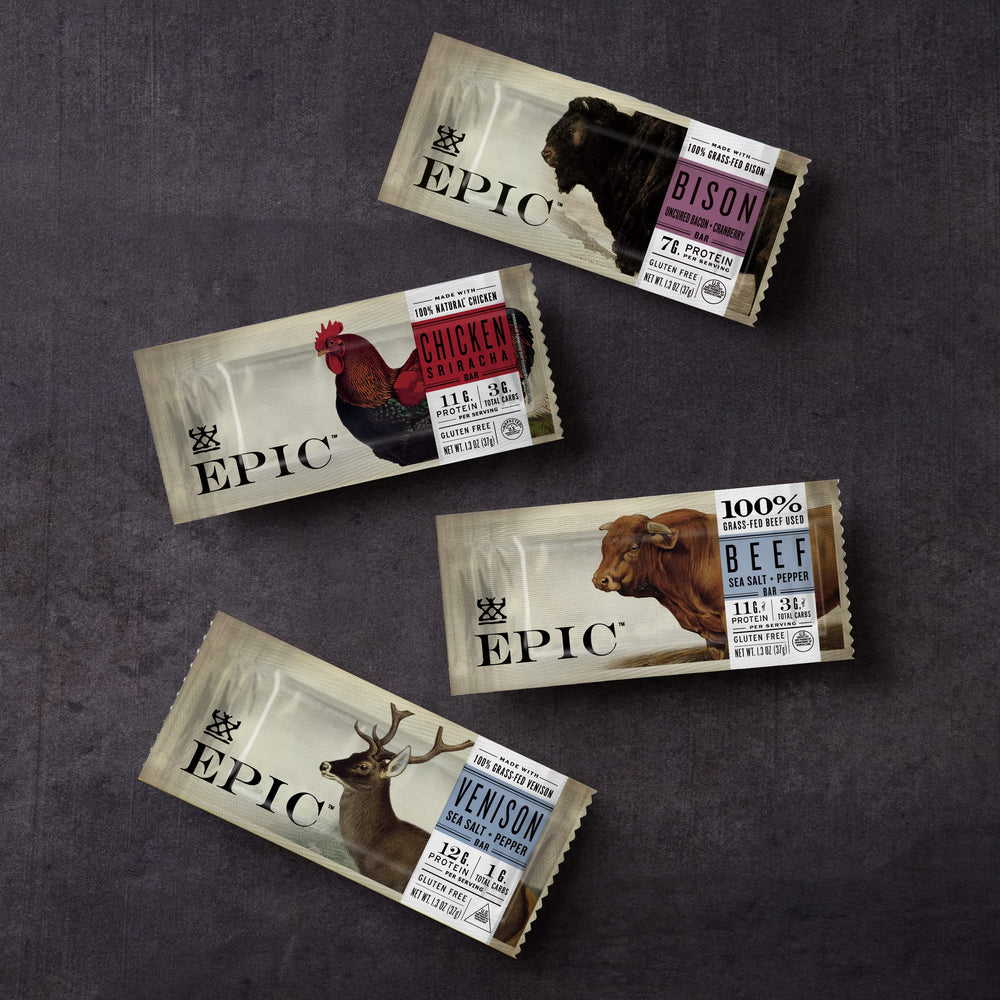 Paleo-friendly labeling appears on EPIC Bison Bar packaging.