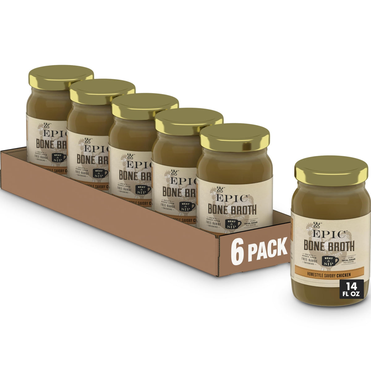 EPIC bone broth jar on shelf showing ready-to-heat savory chicken flavor