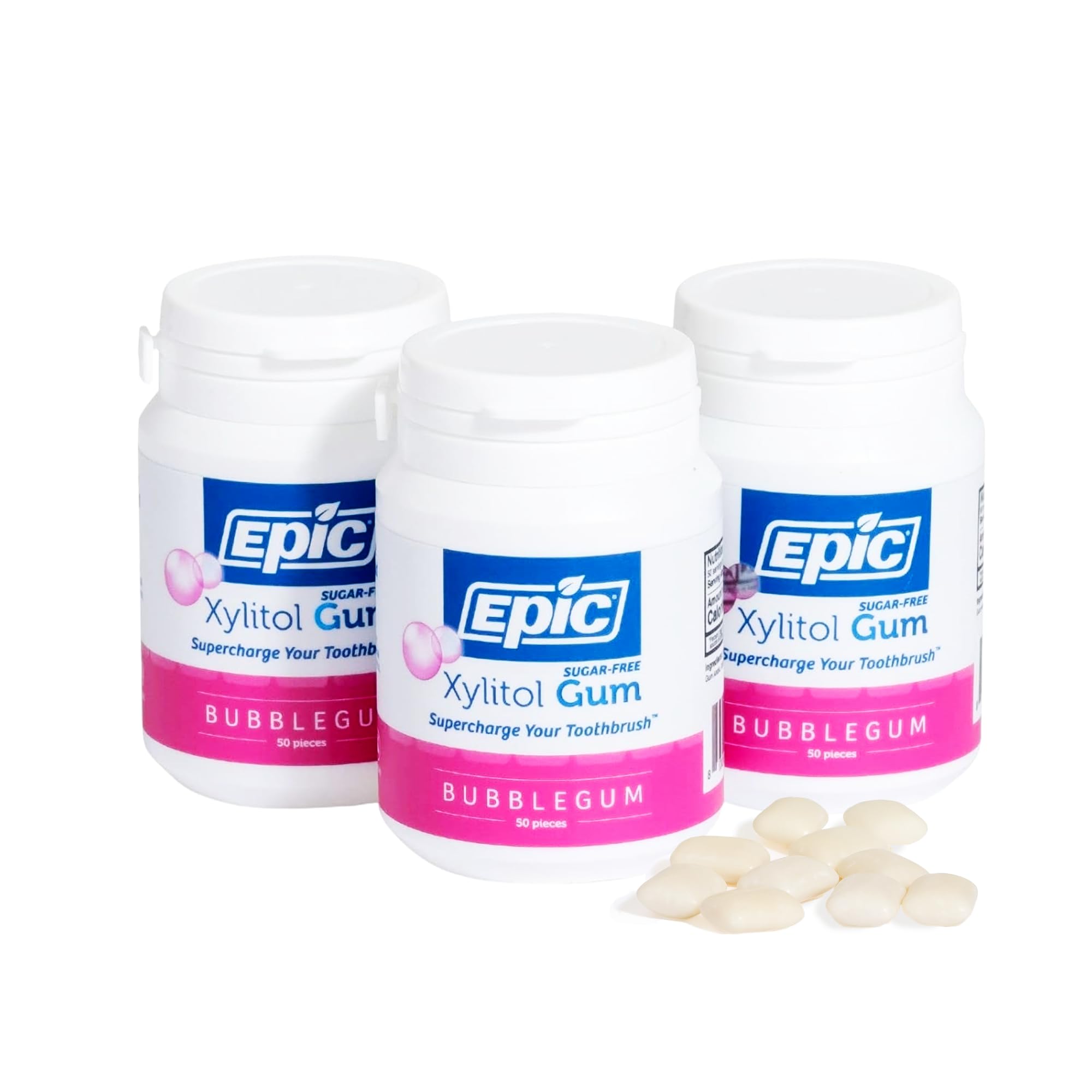 Epic Bubblegum gum pack front shows a three-pack for daily freshness.
