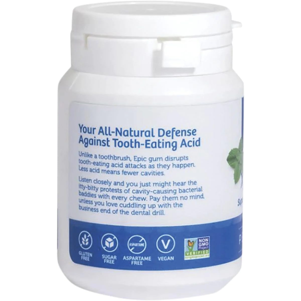 Epic Dental peppermint mints close-up showing sugar-free, 1g xylitol per serving.