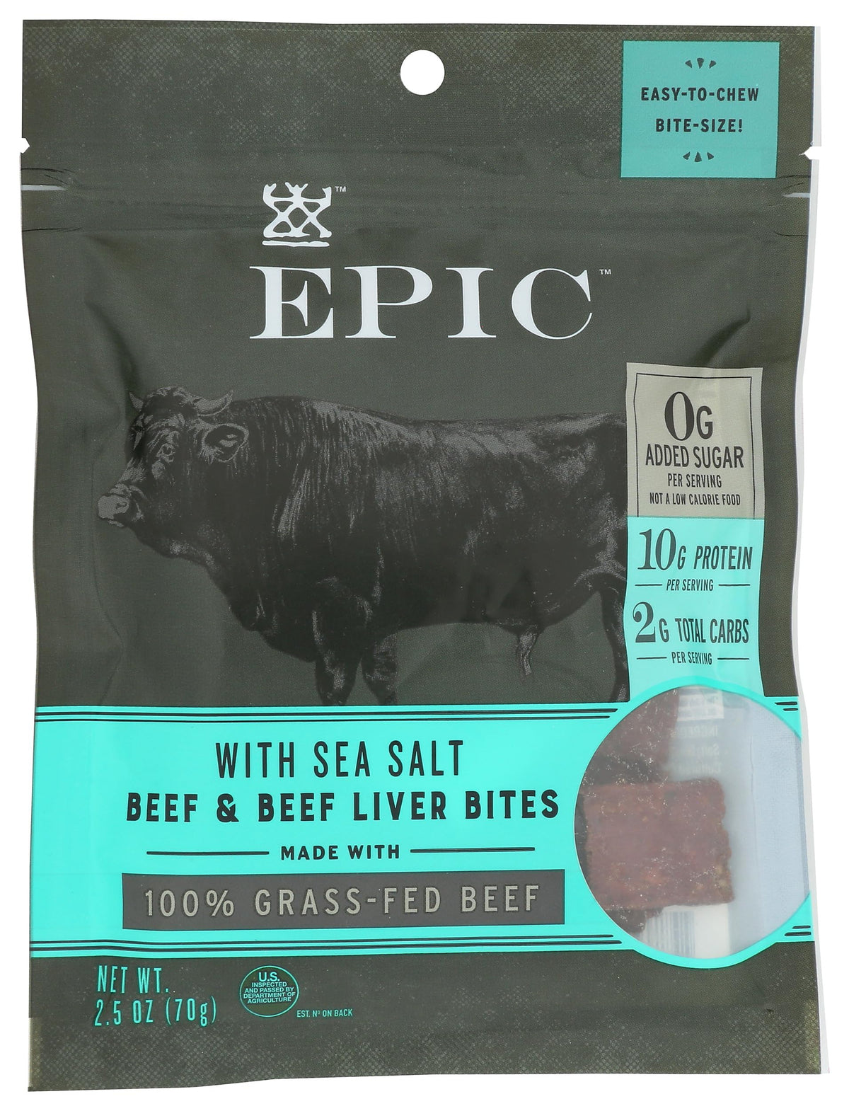 Epic Jerky Lvr Bites in a resealable pouch for on-the-go protein
