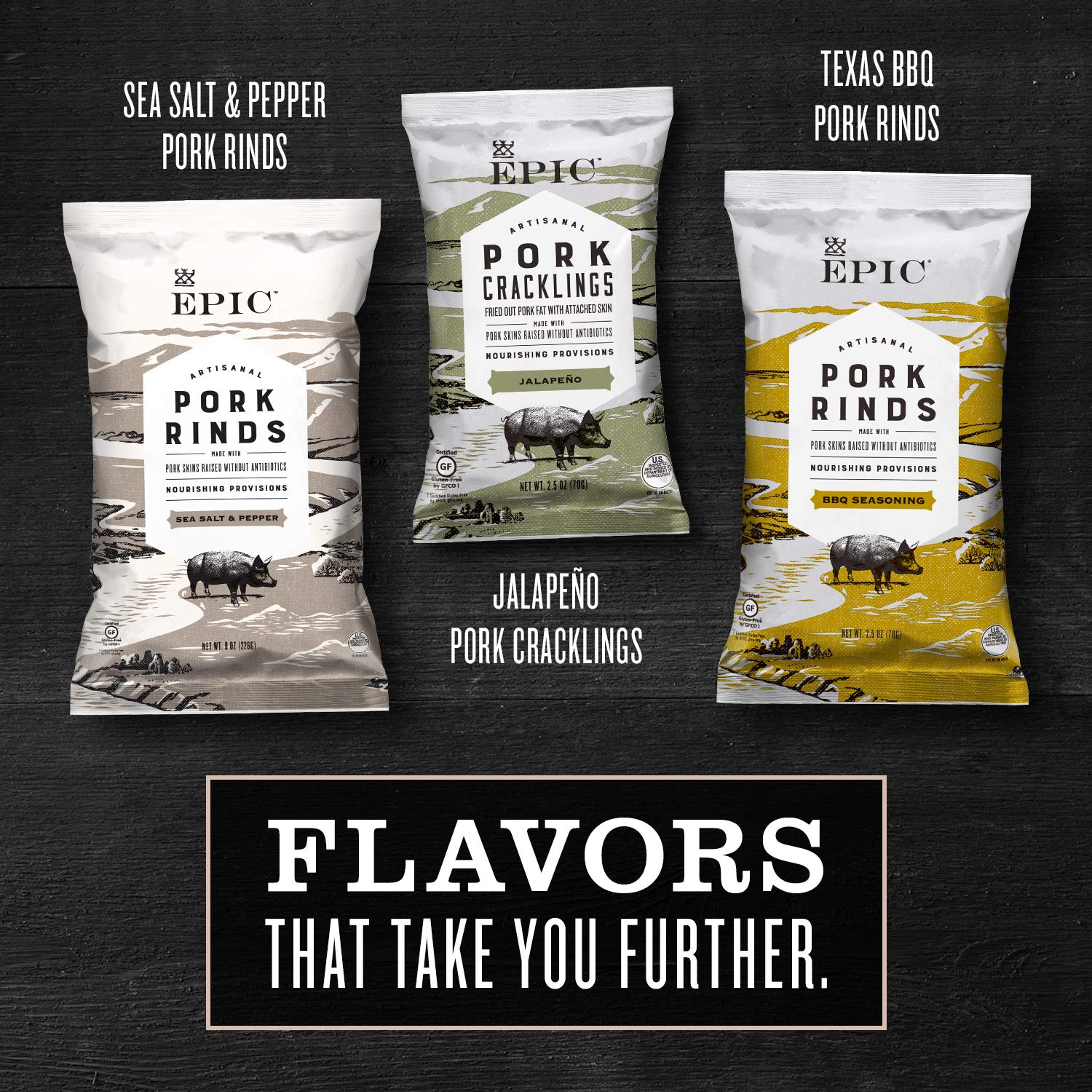 EPIC Maple Bacon Seasoning Pork Cracklings on-the-go image conveys convenient snack for gym bag.