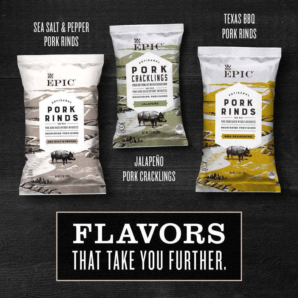 EPIC Maple Bacon Seasoning Pork Cracklings on-the-go image conveys convenient snack for gym bag.
